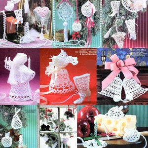 May include: A collection of handmade white crochet decorations, including ornaments, bells, and an angel. Some items are displayed on a Christmas tree, while others are arranged with apples and cheese. The image also includes a photo of a wedding.