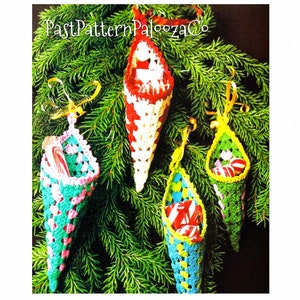 Vintage Thread Crochet Pattern 5" Granny Square Christmas Tree Ornaments Cornucopia Cone Pockets PDF Instant Digital Download Treat Holders