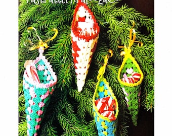 Vintage Thread Crochet Pattern 5" Granny Square Christmas Tree Ornaments Cornucopia Cone Pockets PDF Instant Digital Download Treat Holders