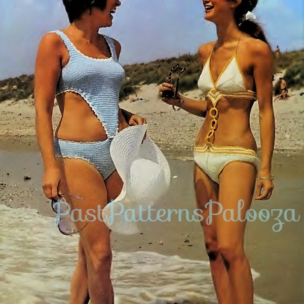Vintage Crochet Pattern Boho Bikini & Monokini PDF Instant Digital Download Retro 1970s Cut Out Bathing Suit Egyptian Rings 4 Ply