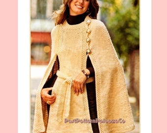 Vintage Knitting Pattern Womens Belted Poncho Cape PDF Instant Digital Download Retro Moss Stitch Panel Coat Cape