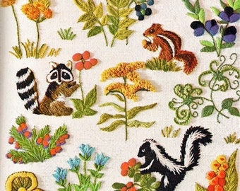 Vintage Crewel Embroidery Pattern Woodland Animals Berries Flower Blossoms Forest Friends Stitchery PDF Instant Digital Download