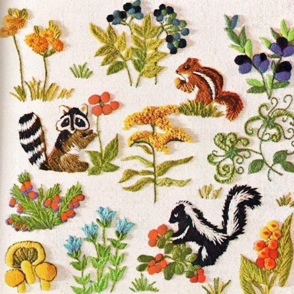 Vintage Crewel Embroidery Pattern Woodland Animals Berries Flower Blossoms Forest Friends Stitchery PDF Instant Digital Download