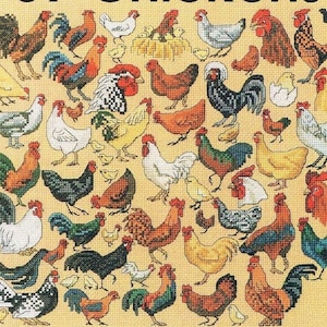 May include: A colorful cross-stitch pattern featuring a variety of chickens and chicks. The pattern includes roosters, hens, and chicks of different colors and breeds. The pattern is set against a light yellow background.
