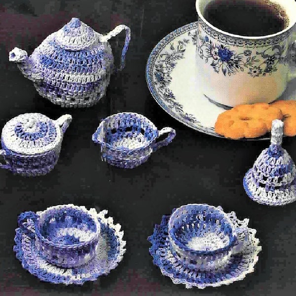 Vintage Crochet Pattern 1-2" Small Miniature Tea Service Set Teapot Teacup Saucer PDF Instant Digital Download Sugar Bowl Creamer Bell