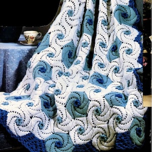 Vintage Crochet Pattern Ocean Waves Spirals Afghan PDF Instant Digital Download Deep Blue Sea Waves Swirl Squares Blanket Throw Afghan 48x76