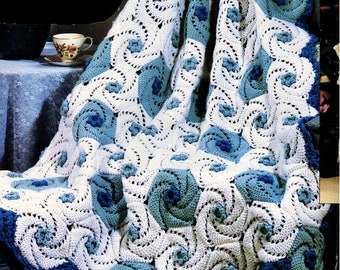 Vintage Crochet Pattern Ocean Waves Spirals Afghan PDF Instant Digital Download Deep Blue Sea Waves Swirl Squares Blanket Throw Afghan 48x76