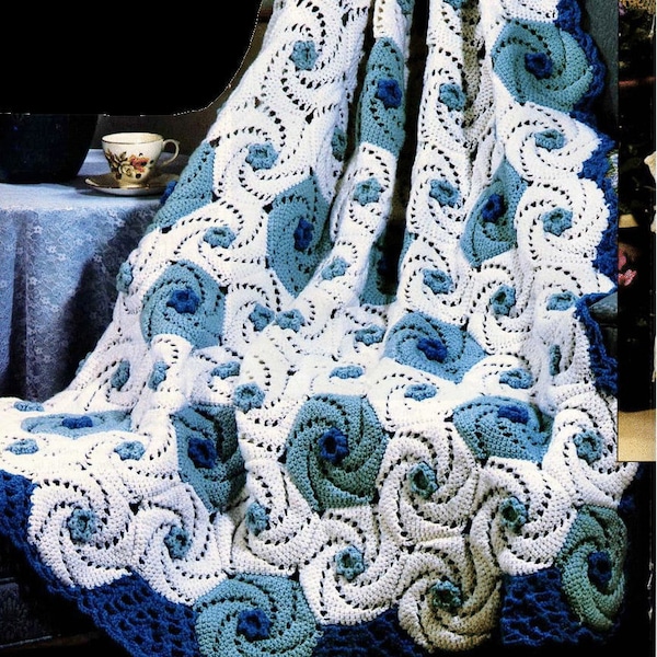 Vintage Crochet Pattern Ocean Waves Spirals Afghan PDF Instant Digital Download Deep Blue Sea Waves Swirl Squares Blanket Throw Afghan 48x76