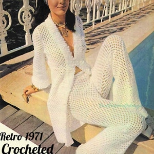 Vintage Crochet Pattern Lace Trouser Suit Patio Set Pantsuit Outfit PDF Instant Digital Download 70s Boho Maxi Jacket Flared Pants Bohemian image 3