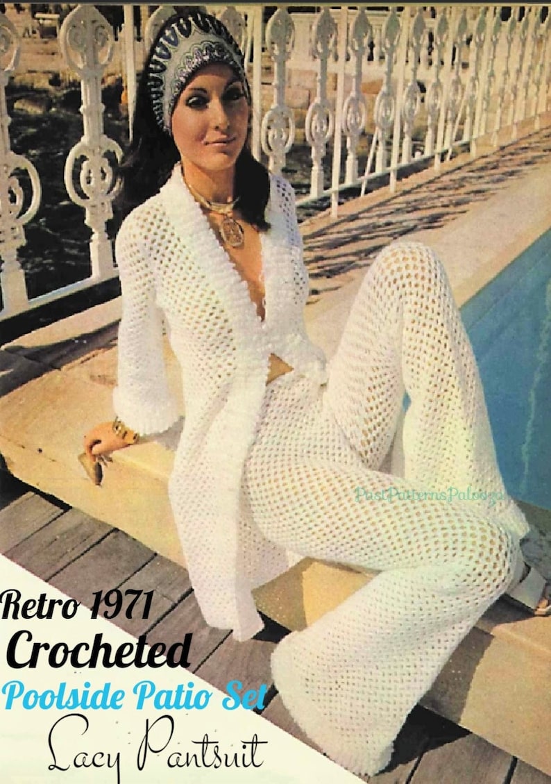 Vintage Crochet Pattern Lace Trouser Suit Patio Set Pantsuit Outfit PDF Instant Digital Download 70s Boho Maxi Jacket Flared Pants Bohemian image 3