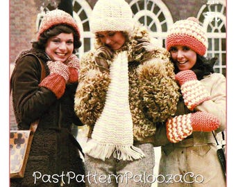 Vintage Knitting Pattern Womens Hat Scarf Mitts Sets 3 Designs PDF Instant Digital Download Retro Boho 1970s Retro Winter Accessories