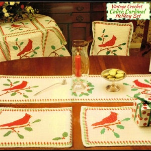 Vintage Crochet Pattern Calico Cardinal Birds Holly Holiday Set Afghan Pillow Table Runner Place Mats Christmas PDF Instant Digital Download