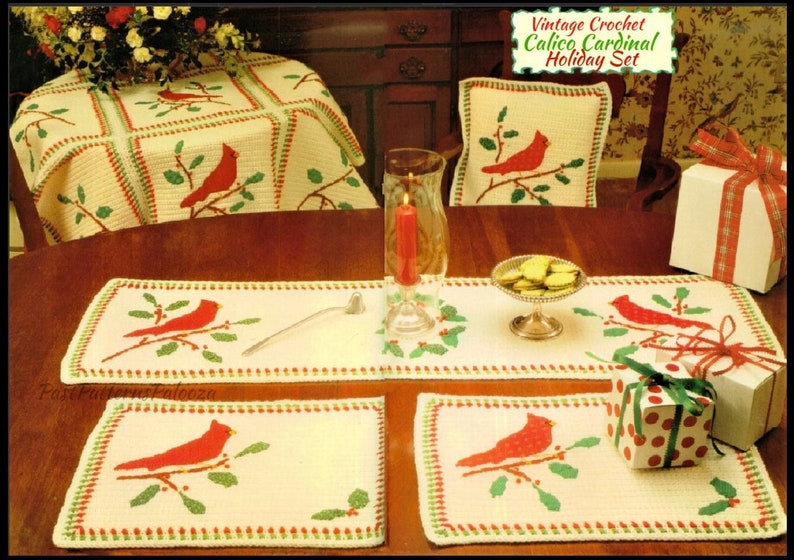 Vintage Crochet Pattern Calico Cardinal Birds Holly Holiday Set Afghan Pillow Table Runner Place Mats Christmas PDF Instant Digital Download image 1