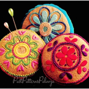 Vintage Embroidery Sewing Pattern 4" Flower Pincushions PDF Instant Digital Download 3 Retro Round Embroidered Pin Cushion Designs