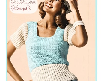 Vintage Crochet Pattern Womens Simple Two Tone Top PDF Instant Digital Download Ribbed Waist Retro 70s