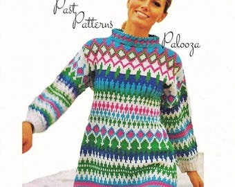 Vintage Knitting Pattern Womens Nordic Icelandic Mini Sweater Dress PDF Instant Digital Download Retro Fairisle 60s