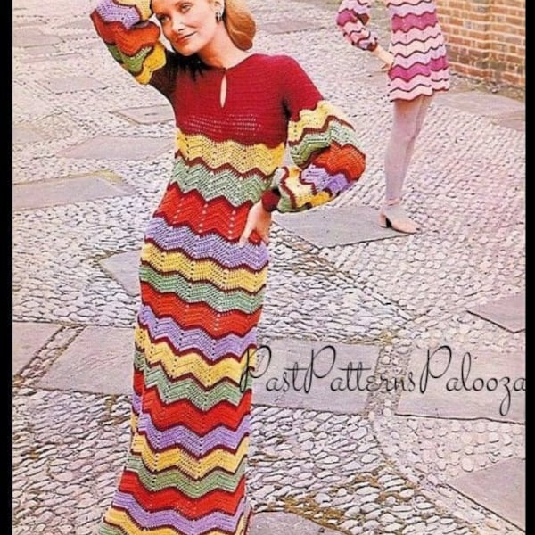 Vintage Crochet Pattern Womens Zig-Zag Chevron Stripe Long Maxi or Short Mini Dress PDF Instant Digital Download Hippie Gypsy Chic 5 Ply DK