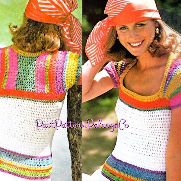 Vintage Crochet Pattern Womens Rainbow Sleeved Top PDF Instant Digital Download Retro Summer Short Jumper Hippie Boho Chic 4 Ply