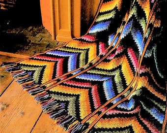 Vintage Crochet Pattern Florentine Chevron Ripple Afghan PDF Instant Digital Download Embroidered Jewel Tones Tunisian Stitch 54x72 10 Ply