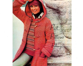 Vintage Crochet Pattern Womens Hooded Boucle Duffle Coat PDF Instant Digital Download Retro Leather Trim 10 Ply