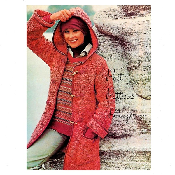 Duffle-coat bouclé à capuche pour femme au crochet vintage PDF Téléchargement numérique instantané bordures en cuir rétro 10 épaisseurs