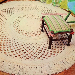 Vintage Crochet Pattern 5' Round Irish Crochet Area Rug PDF Instant Digital Download Pretty Mesh Lace & Braided Fringed Rug image 2