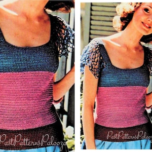 Vintage Crochet Pattern Womens Boho Perle Cotton Mesh Sleeved Top PDF Instant Digital Download Retro Short Sleeved Tank Summer Wear 画像 1