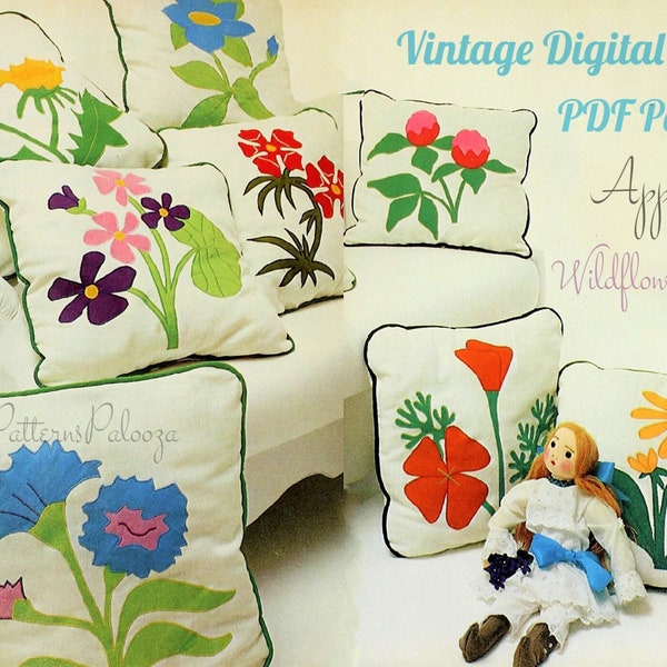 Vintage Sewing Pattern 20" Wildflower Applique Pillows 8 Beautiful Floral Designs PDF Instant Digital Download Retro 1970s