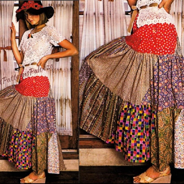 Vintage Sewing Pattern Womens Tiered Peasant Patchwork Maxi Skirt PDF Instant Digital Download Retro 70s Boho Hippie Gypsy Chic