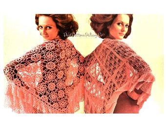 May include: Two women wearing a crocheted shawl in a peach color. The shawl has a lacy pattern with a scalloped edge.