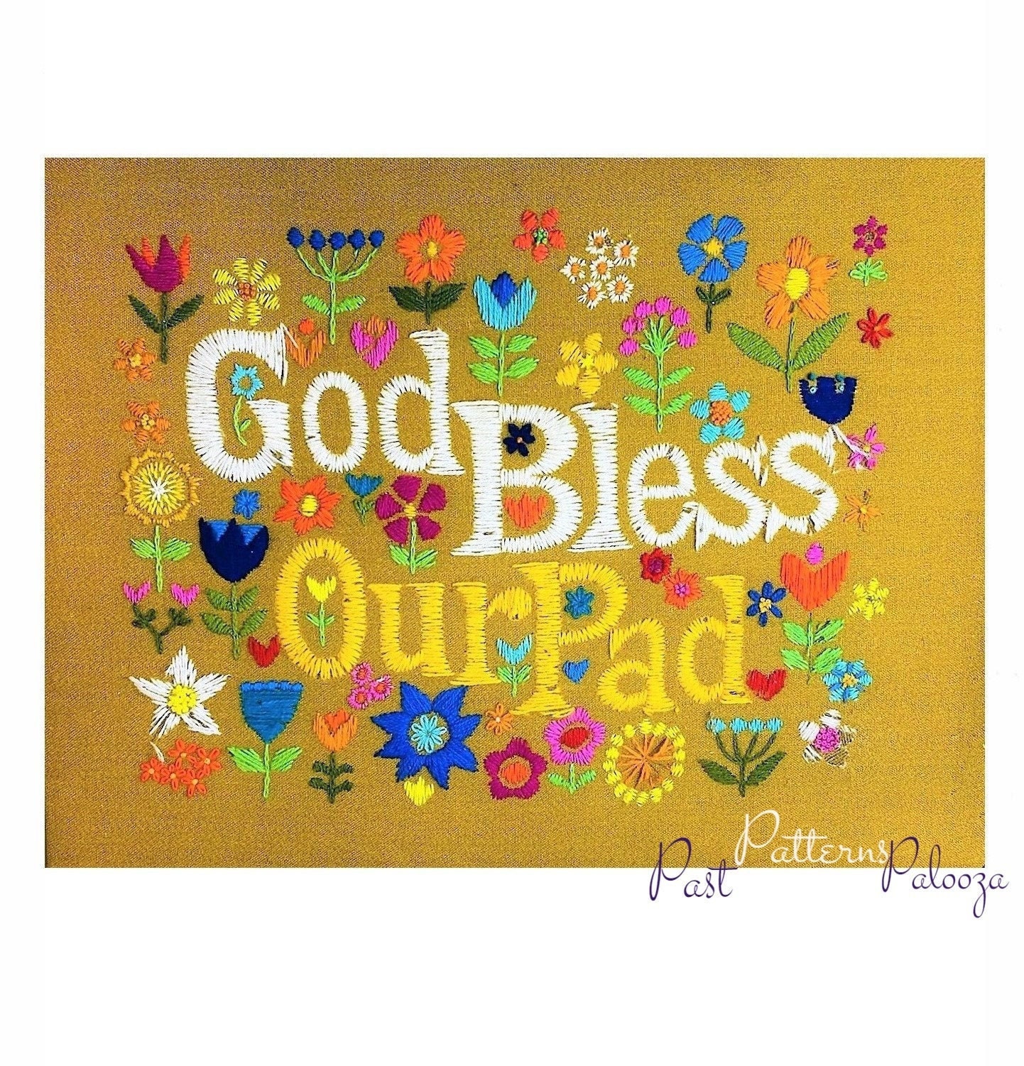 Vintage Crewel Embroidery Pattern God Bless Our Pad