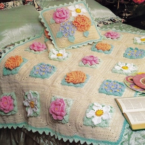 Vintage Crochet Pattern Grannys Pretty Flower Garden Afghan & Pillow Set PDF Instant Digital Download Beautiful Flower Field Squares 10 Ply