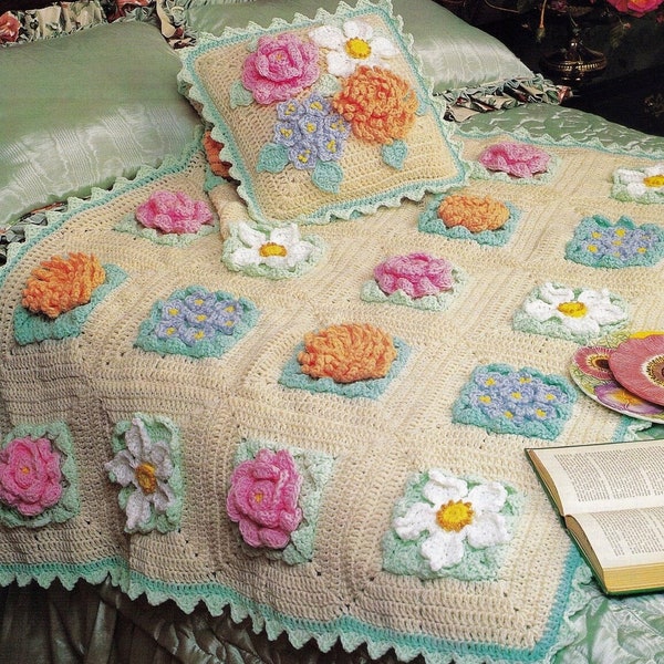 Vintage Crochet Pattern Grannys Pretty Flower Garden Afghan & Pillow Set PDF Instant Digital Download Beautiful Flower Field Squares 10 Ply