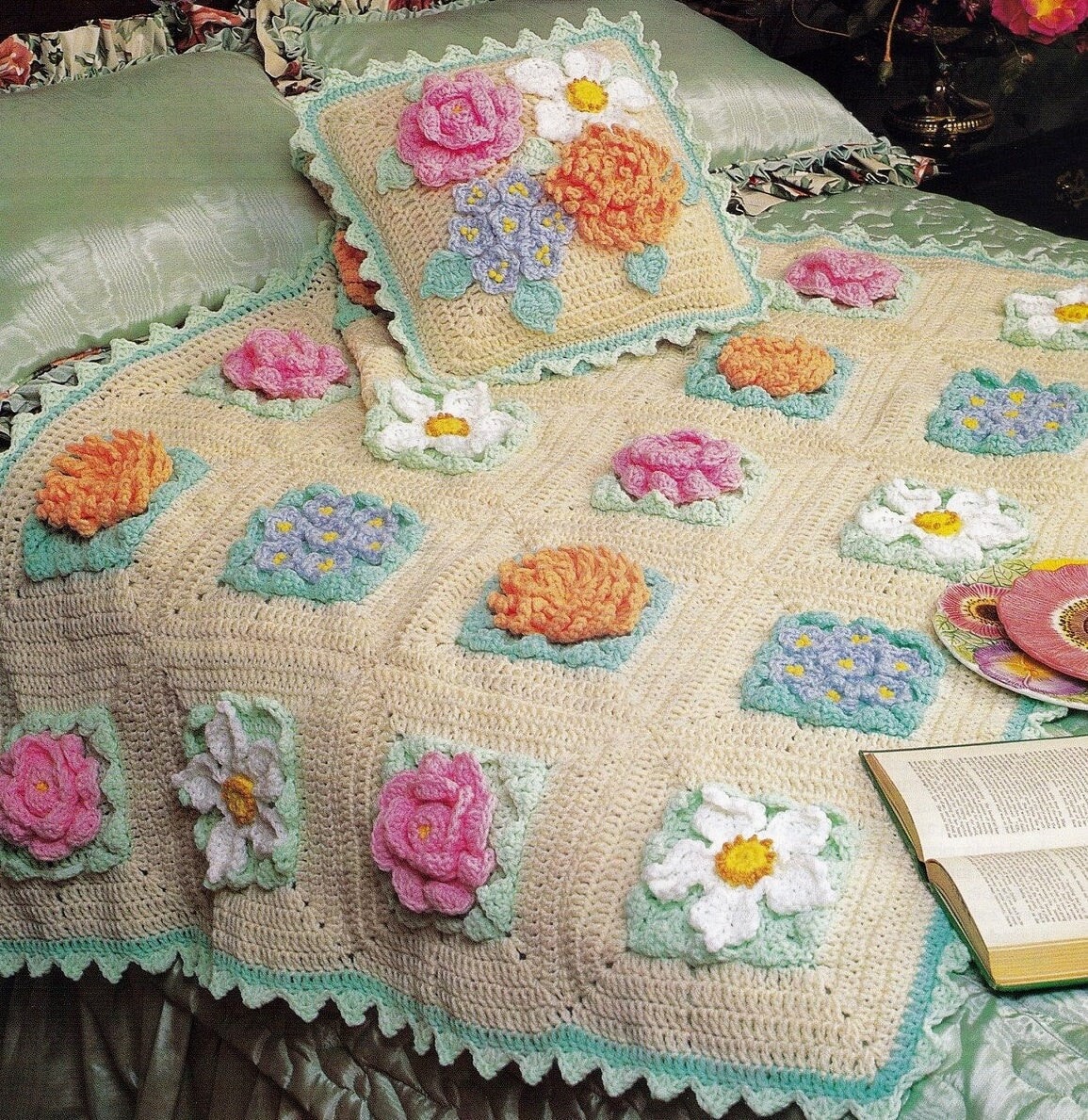 Flower Garden Afghan Pillow Set Crochet Pattern