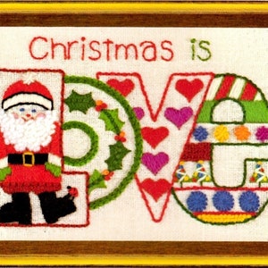 Vintage Crewel Embroidery Christmas Is Love Pattern Retro 1970s Design PDF Instant Download Mini Stitchery Holiday Motif Sampler 5x7