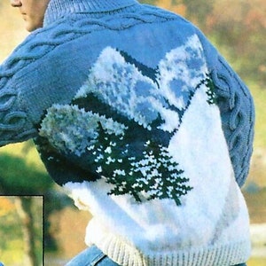 Vintage Knitting Pattern Mens Mountain Sweater Jacket Cabled PDF Instant Digital Download Northern Mountain Scene Front Zip Style 12 Ply image 2