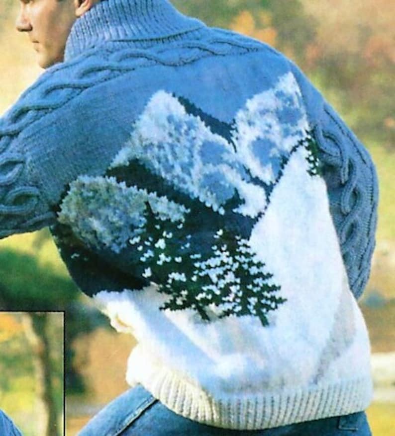 Vintage Knitting Pattern Mens Mountain Sweater Jacket Cabled PDF Instant Digital Download Northern Mountain Scene Front Zip Style 12 Ply image 2