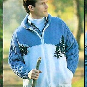 Vintage Knitting Pattern Mens Mountain Sweater Jacket Cabled PDF Instant Digital Download Northern Mountain Scene Front Zip Style 12 Ply image 3
