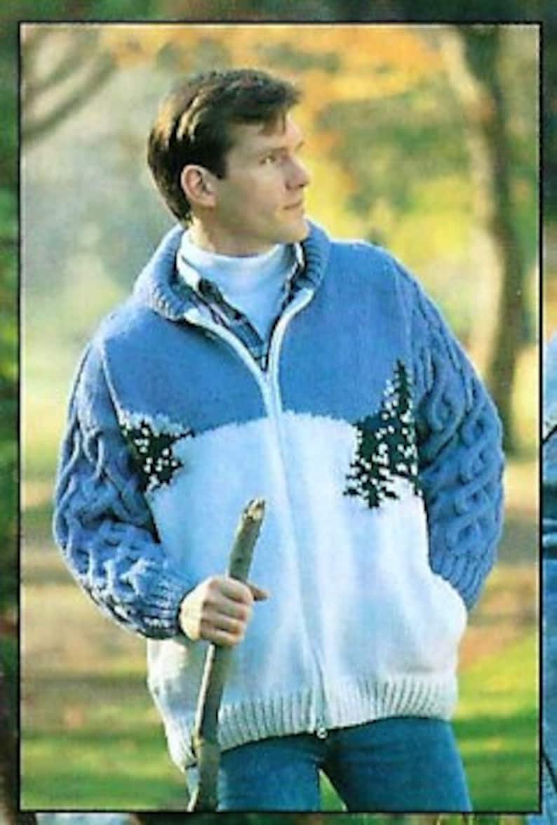 Vintage Knitting Pattern Mens Mountain Sweater Jacket Cabled PDF Instant Digital Download Northern Mountain Scene Front Zip Style 12 Ply image 3