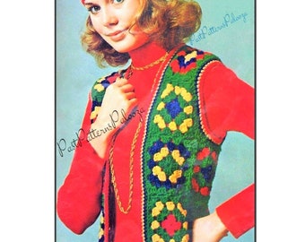May include: A crochet vest with a green, yellow, blue, and red color scheme. The vest is made of granny squares and has a long, straight shape. The model is wearing a red turtleneck shirt and a matching crochet hat.