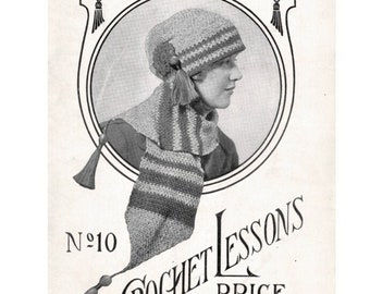 May include: A vintage crochet pattern for a hat and scarf with tassels. The pattern is from the Royal Society Crochet Lessons and costs 10 cents. The pattern number is 10.