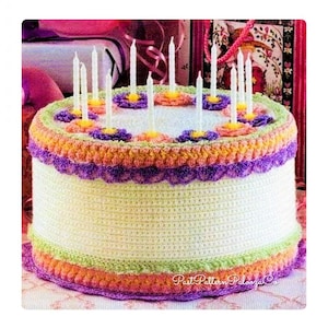 Vintage Crochet Pattern 6x10&quot; Birthday Cake PDF Instant Digital Download Crocheted Amigurumi Cake 5 Ply