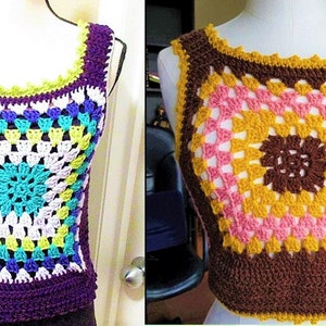 Op de afbeelding: Twee gehaakte topjes zonder mouwen met een granny square-ontwerp. Het topje links is paars met een groene, witte, blauwe en gele granny square. Het topje rechts is bruin met een roze, gele en bruine granny square.