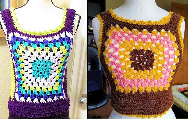 Op de afbeelding: Twee gehaakte topjes zonder mouwen met een granny square-ontwerp. Het topje links is paars met een groene, witte, blauwe en gele granny square. Het topje rechts is bruin met een roze, gele en bruine granny square.