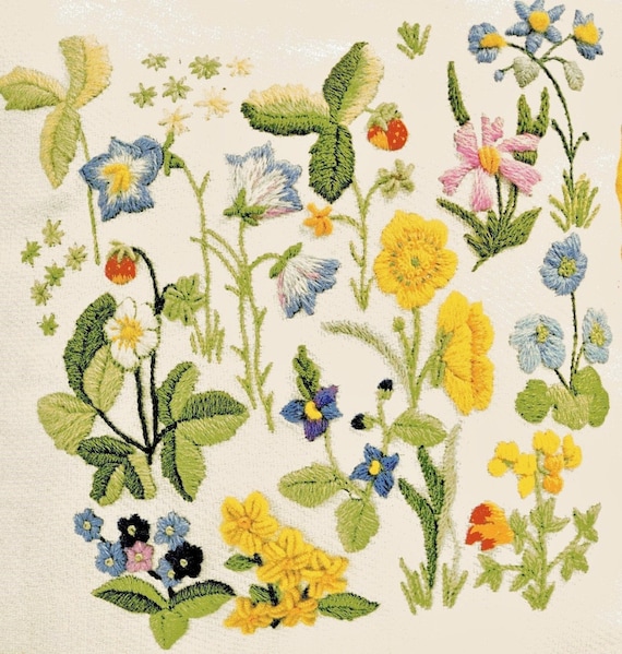 Vintage Crewel Embroidery Pattern Field Flowers Woodland Etsy