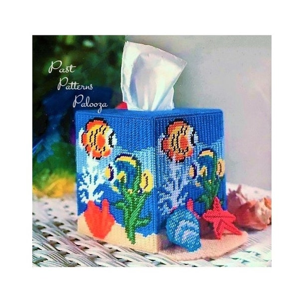 Vintage Plastic Canvas Pattern Tropical Fish Tissue Box Cover PDF Instant Digital Download Ocean Sealife Nautical Tissue Holder