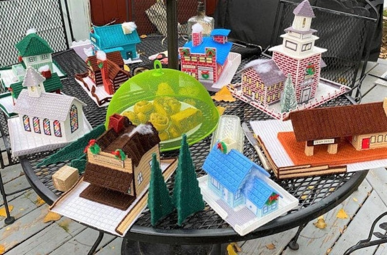 Vintage Plastic Canvas Patterns Christmas Village No. 3 PDF Instant Digital Download Holiday Houses Town Display Centerpiece 7 Mesh 10 Ply image 3