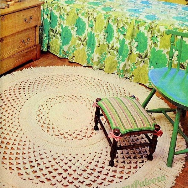 Tapis rond au crochet irlandais de 5 pi au motif vintage PDF Téléchargement numérique instantané Joli filet en dentelle et tapis tressé à franges