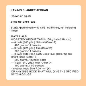 Peut inclure: Un patron de crochet pour un afghan de couverture Navajo. Le patron comprend le num&eacute;ro de style, la taille (environ 107 x 141 cm) et les mat&eacute;riaux n&eacute;cessaires, tels que de la laine peign&eacute;e de diff&eacute;rentes couleurs et un crochet de 7,00 mm.