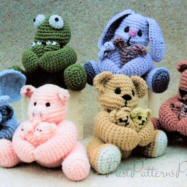 Vintage Crochet Pattern 7" Mama & Babies Animal Amigurumi PDF Instant Digital Download Hugging Soft Toys Pig Cat Frog Bunny Bear DK 5 Ply